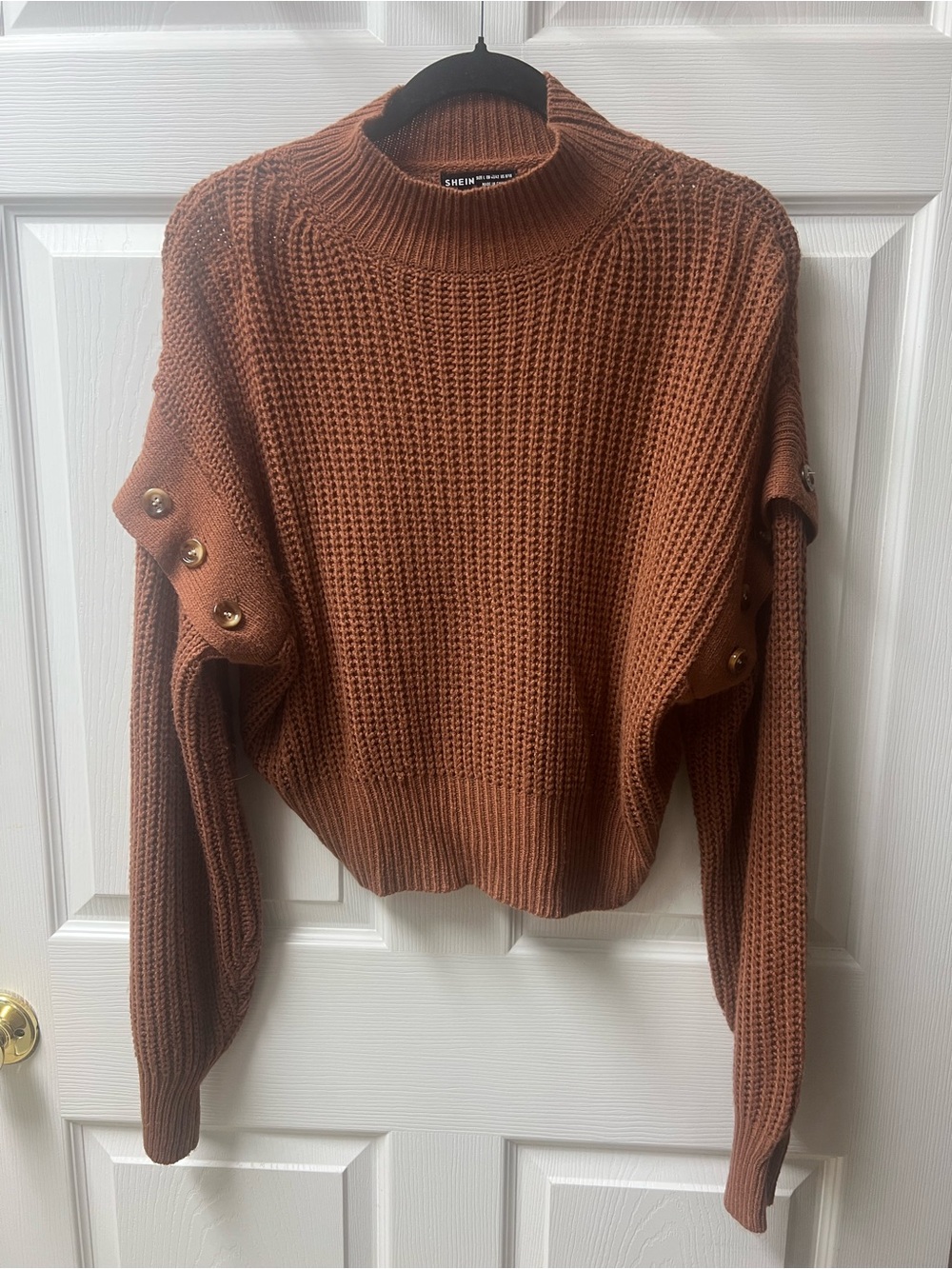 SHEIN Women's Rust Button-Shoulder Waffle Mock Neck Sweater